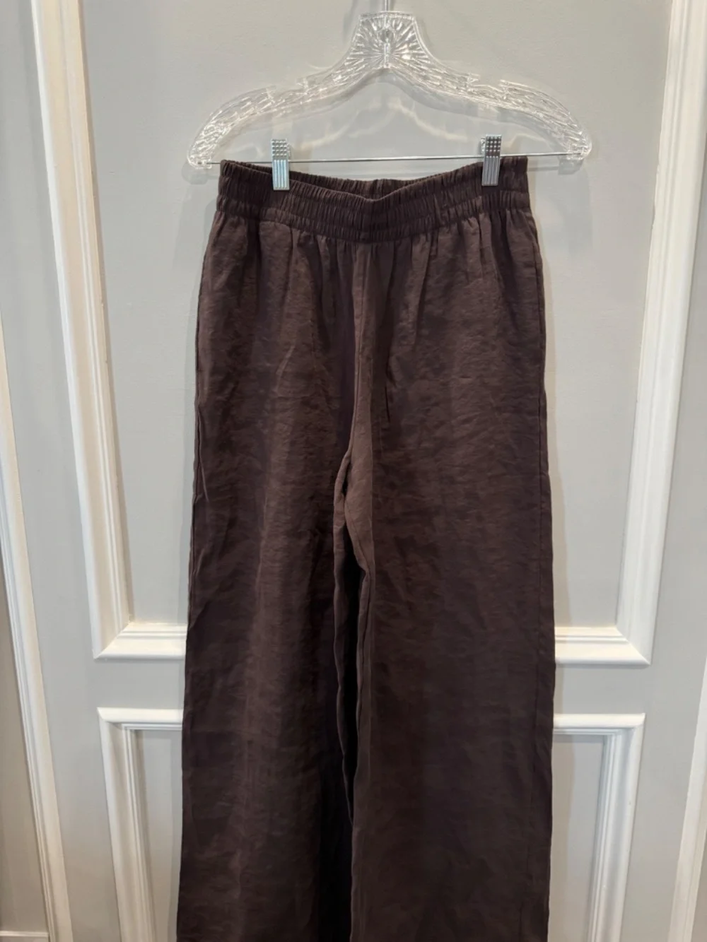 Zara Dark Brown Flowy Wide Leg Linen Pants Pull On Smocked Waist Size XS
